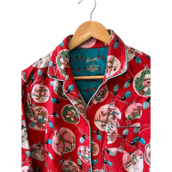 Nick & Nora Holiday Sock Monkey Flannel Pajama Top M - Picture 2 of 5
